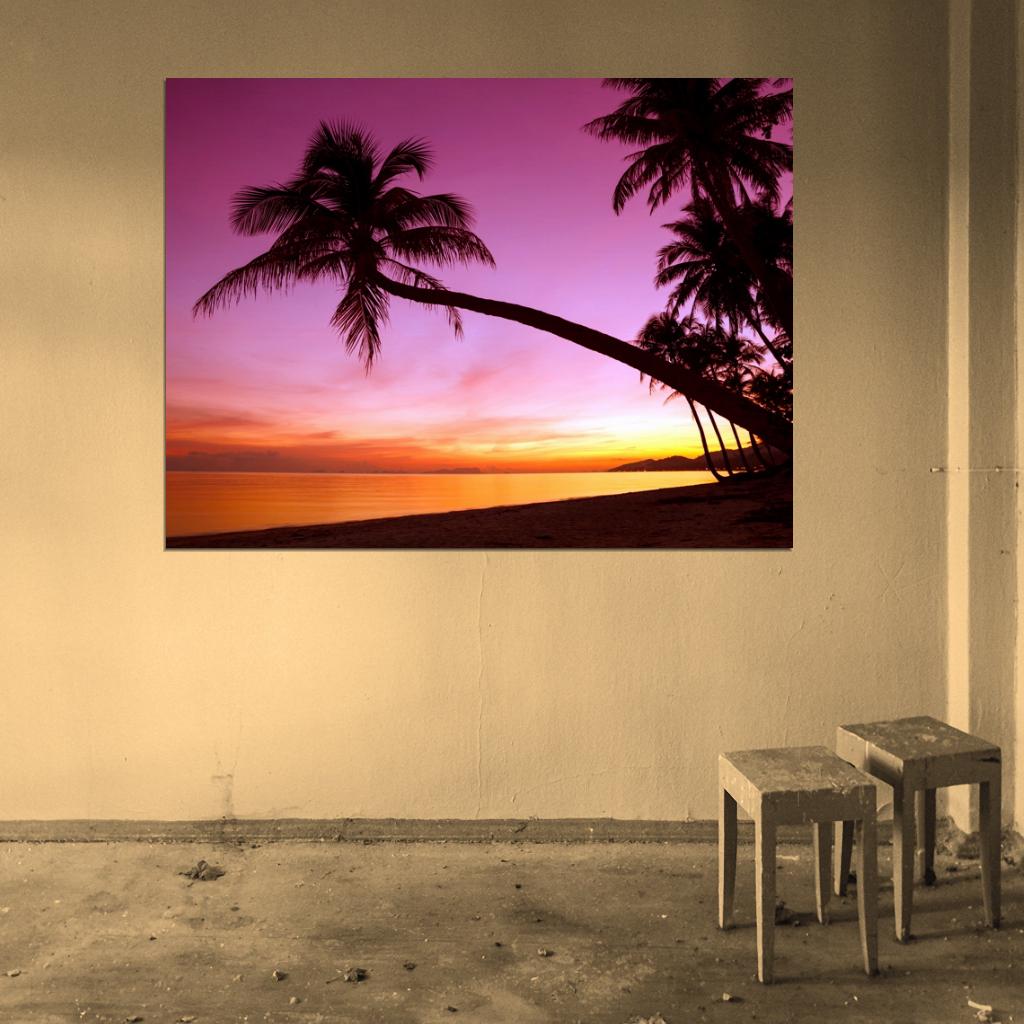Tropical Paradise Sunset Palm Tree Ocean Beach Sea Beautiful Nature Landscape Wall Art Print Poster