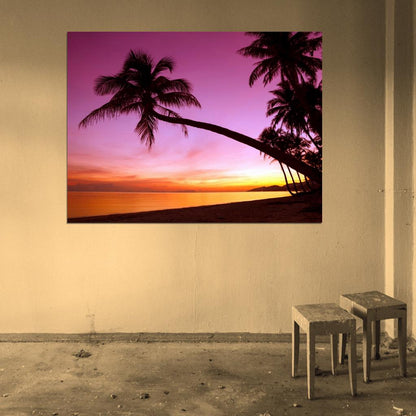 Tropical Paradise Sunset Palm Tree Ocean Beach Sea Beautiful Nature Landscape Wall Art Print Poster