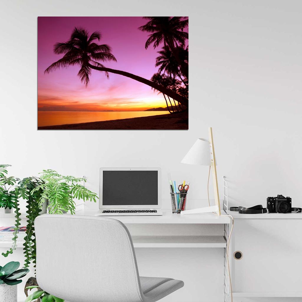 Tropical Paradise Sunset Palm Tree Ocean Beach Sea Beautiful Nature Landscape Wall Art Print Poster
