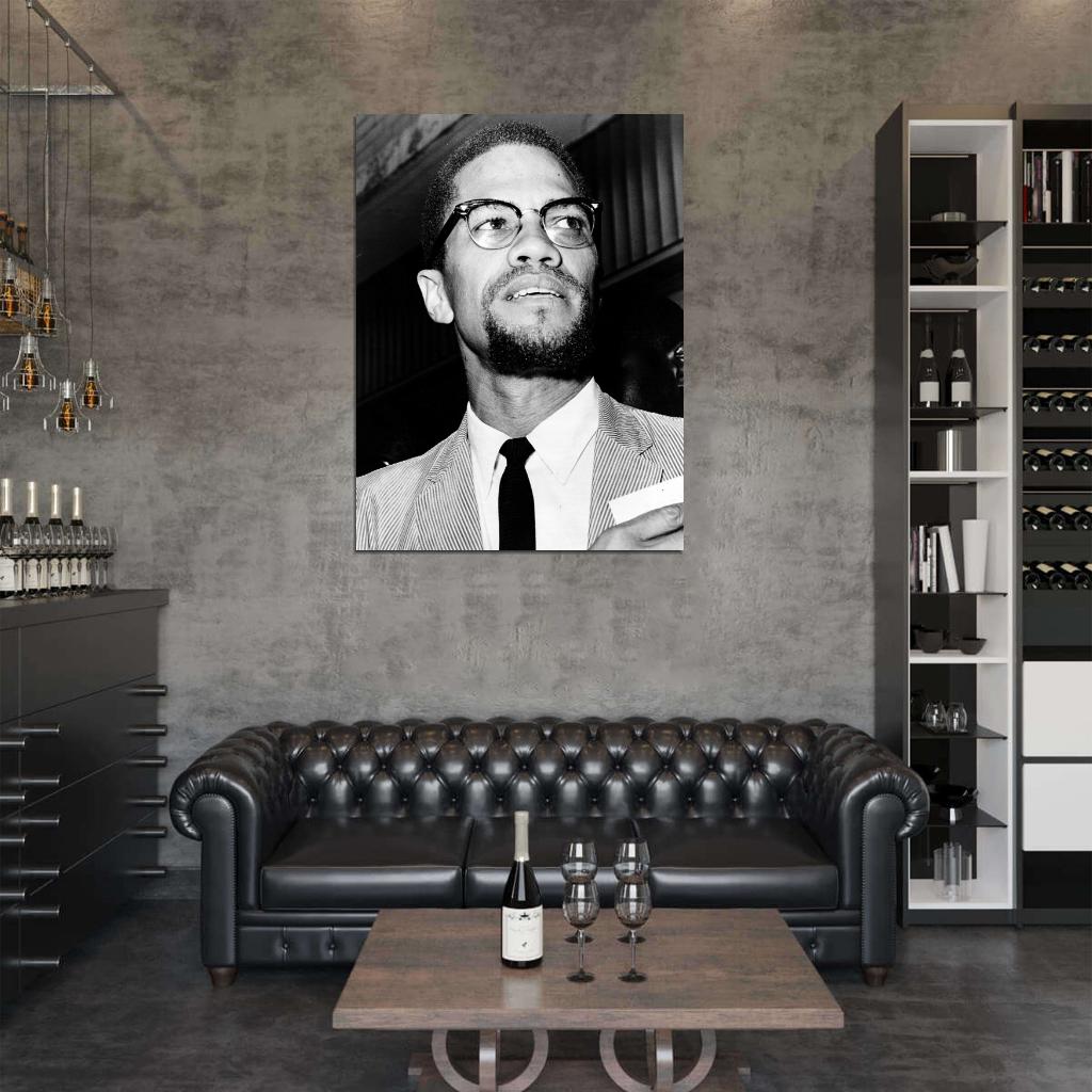 Malcolm X Human Rights Activist BW Portrait Wall Art Print Poster