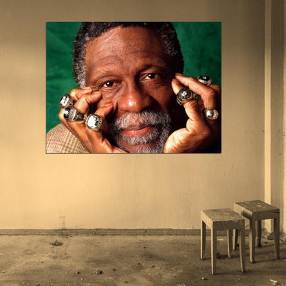 Bill Russell Legend Champion Rings Boston Retro Vintage Basketball Sport Wall Art Print Poster