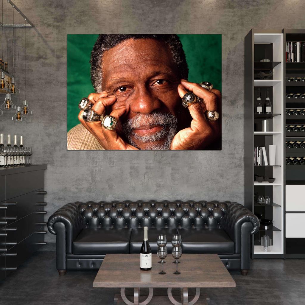 Bill Russell Legend Champion Rings Boston Retro Vintage Basketball Sport Wall Art Print Poster