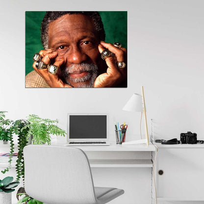 Bill Russell Legend Champion Rings Boston Retro Vintage Basketball Sport Wall Art Print Poster