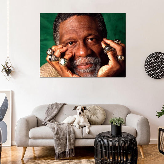 Bill Russell Legend Champion Rings Boston Retro Vintage Basketball Sport Wall Art Print Poster