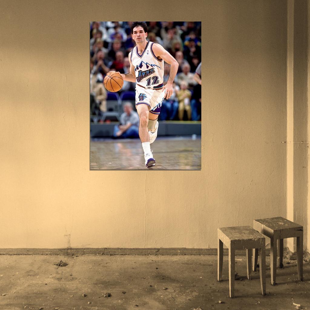 John Stockton Retro Basketball Sport Dribbling Wall Art Print Poster