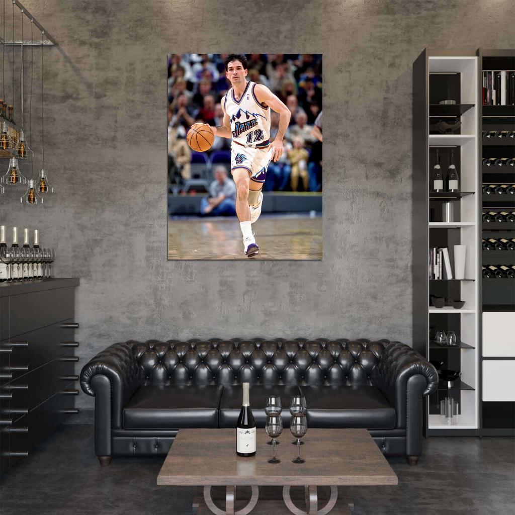 John Stockton Retro Basketball Sport Dribbling Wall Art Print Poster