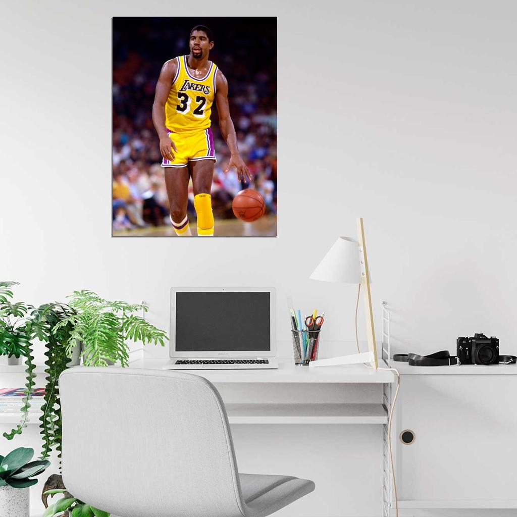 Magic Johnson Los Angeles Dribbling Earvin Retro Basketball Sport Wall Art Print Poster