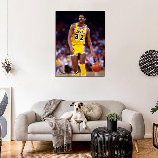 Magic Johnson Los Angeles Dribbling Earvin Retro Basketball Sport Wall Art Print Poster
