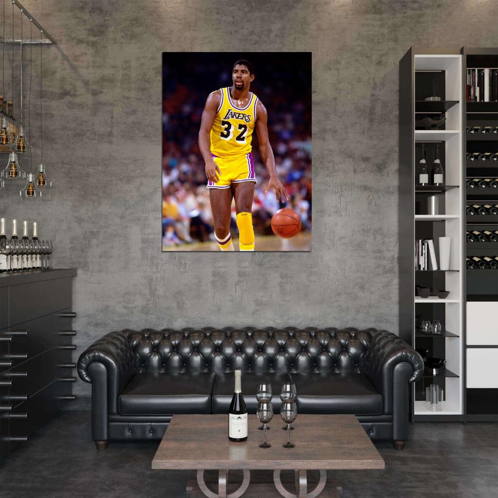 Magic Johnson Los Angeles Dribbling Earvin Retro Basketball Sport Wall Art Print Poster
