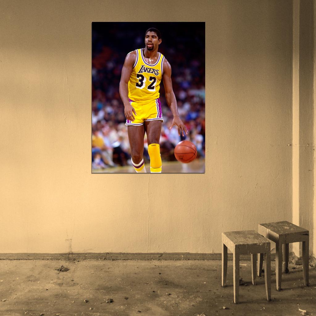 Magic Johnson Los Angeles Dribbling Earvin Retro Basketball Sport Wall Art Print Poster