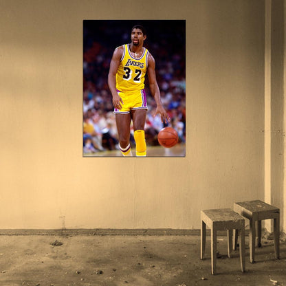 Magic Johnson Los Angeles Dribbling Earvin Retro Basketball Sport Wall Art Print Poster