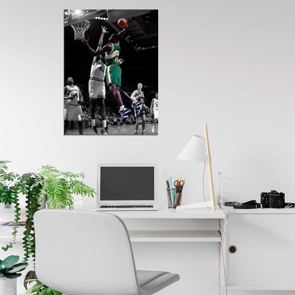 Shawn Kemp Dunk Retro BW Art Basketball Sport Wall Art Print Poster