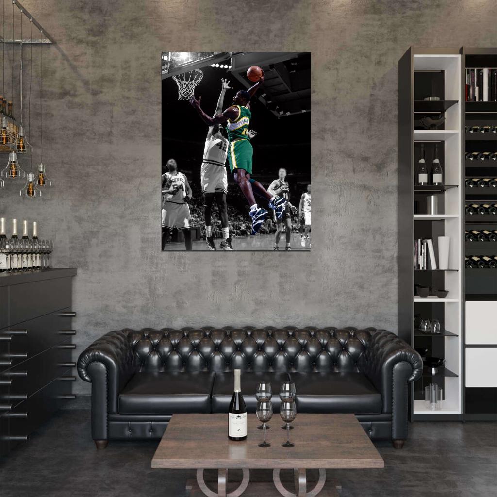 Shawn Kemp Dunk Retro BW Art Basketball Sport Wall Art Print Poster