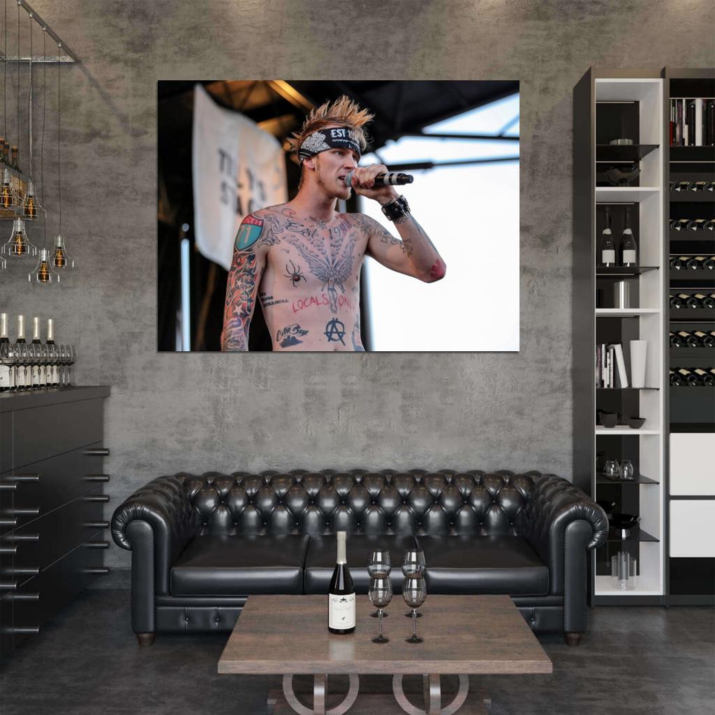 Machine Gun Kelly MGK Live Concert Stage Microphone Tattoos Shirtless Rapper Hip-Hop Music Rap Wall Art Print Poster