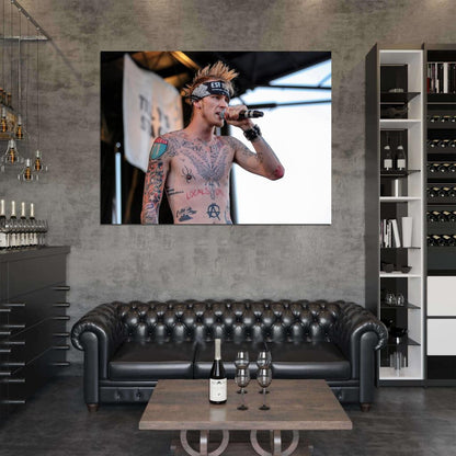 Machine Gun Kelly MGK Live Concert Stage Microphone Tattoos Shirtless Rapper Hip-Hop Music Rap Wall Art Print Poster