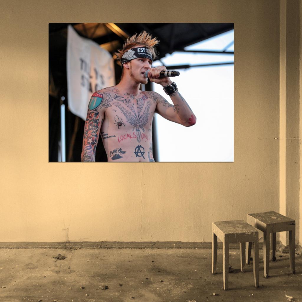 Machine Gun Kelly MGK Live Concert Stage Microphone Tattoos Shirtless Rapper Hip-Hop Music Rap Wall Art Print Poster