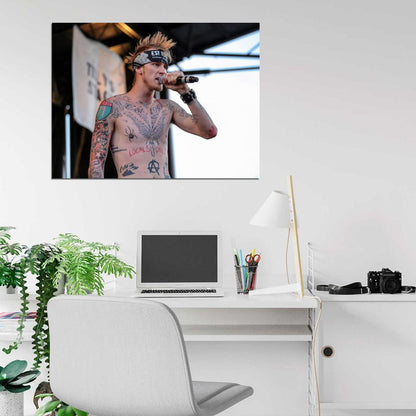 Machine Gun Kelly MGK Live Concert Stage Microphone Tattoos Shirtless Rapper Hip-Hop Music Rap Wall Art Print Poster