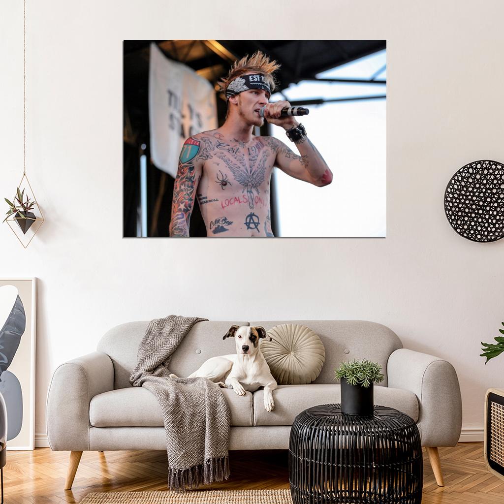 Machine Gun Kelly MGK Live Concert Stage Microphone Tattoos Shirtless Rapper Hip-Hop Music Rap Wall Art Print Poster