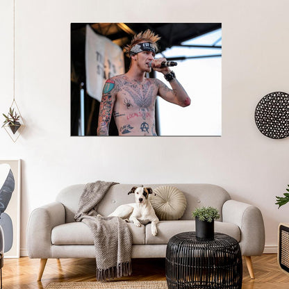 Machine Gun Kelly MGK Live Concert Stage Microphone Tattoos Shirtless Rapper Hip-Hop Music Rap Wall Art Print Poster