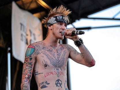 Machine Gun Kelly MGK Live Concert Stage Microphone Tattoos Shirtless Rapper Hip-Hop Music Rap Wall Art Print Poster