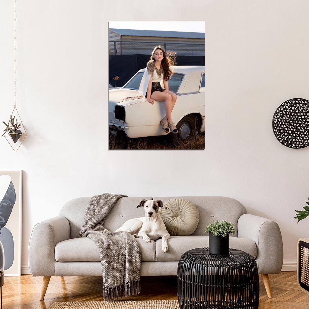 Emilia Clarke Retro White Car Actress Wall Art Print Poster