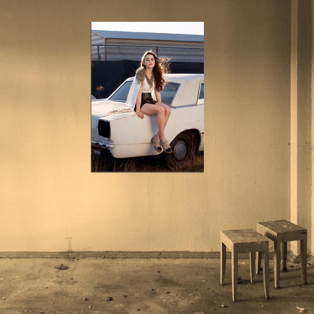 Emilia Clarke Retro White Car Actress Wall Art Print Poster