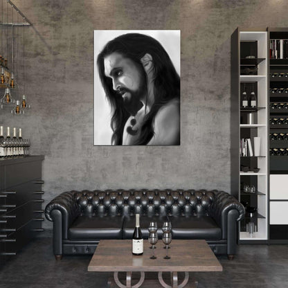 Jason Momoa Drogo Long Hair Art Painting Actor BW Wall Art Print Poster