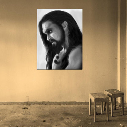 Jason Momoa Drogo Long Hair Art Painting Actor BW Wall Art Print Poster