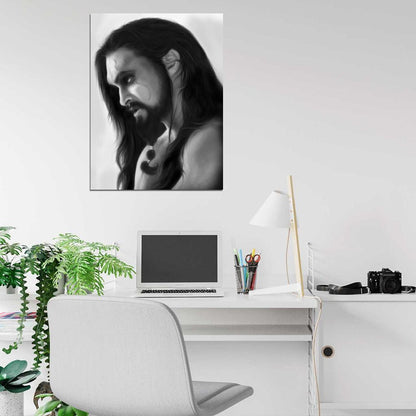 Jason Momoa Drogo Long Hair Art Painting Actor BW Wall Art Print Poster