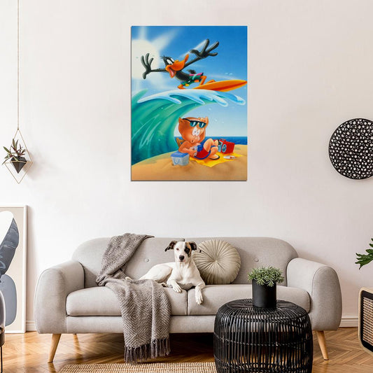 Daffy Duck Beach Porky Pig Looney Tunes Cool Funny Art Wall Art Print Poster