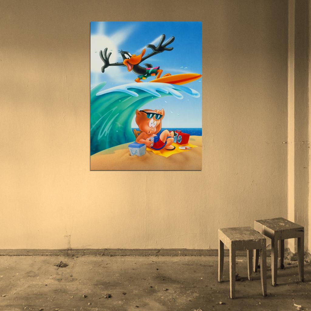 Daffy Duck Beach Porky Pig Looney Tunes Cool Funny Art Wall Art Print Poster