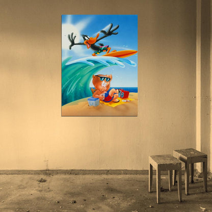 Daffy Duck Beach Porky Pig Looney Tunes Cool Funny Art Wall Art Print Poster