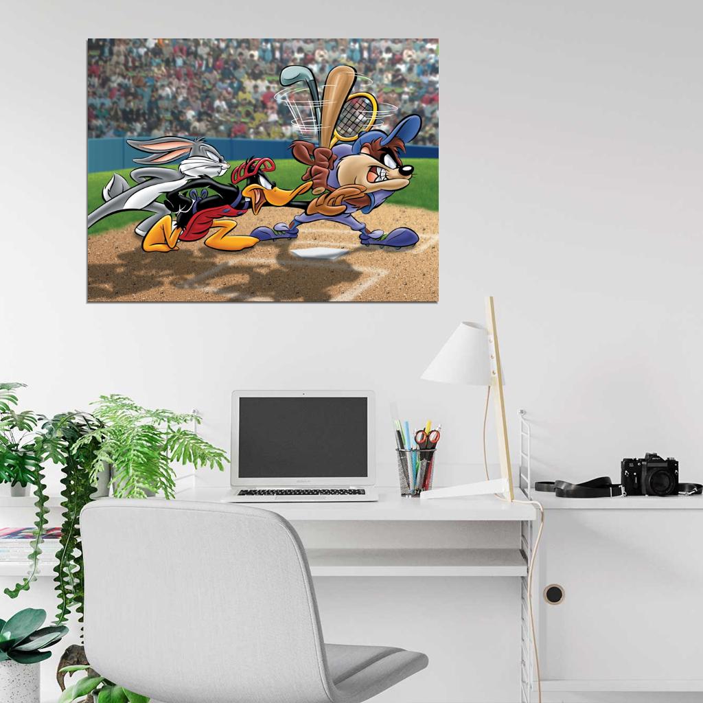 Tasmanian Devil Taz Baseball Bugs Bunny Daffy Duck Looney Tunes Cool Funny Art Wall Art Print Poster