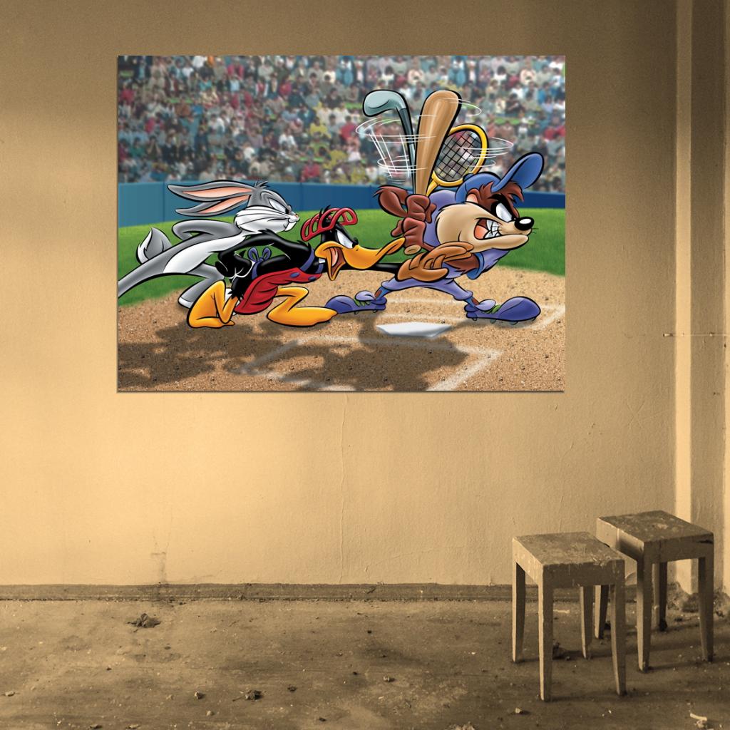 Tasmanian Devil Taz Baseball Bugs Bunny Daffy Duck Looney Tunes Cool Funny Art Wall Art Print Poster