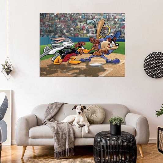 Tasmanian Devil Taz Baseball Bugs Bunny Daffy Duck Looney Tunes Cool Funny Art Wall Art Print Poster