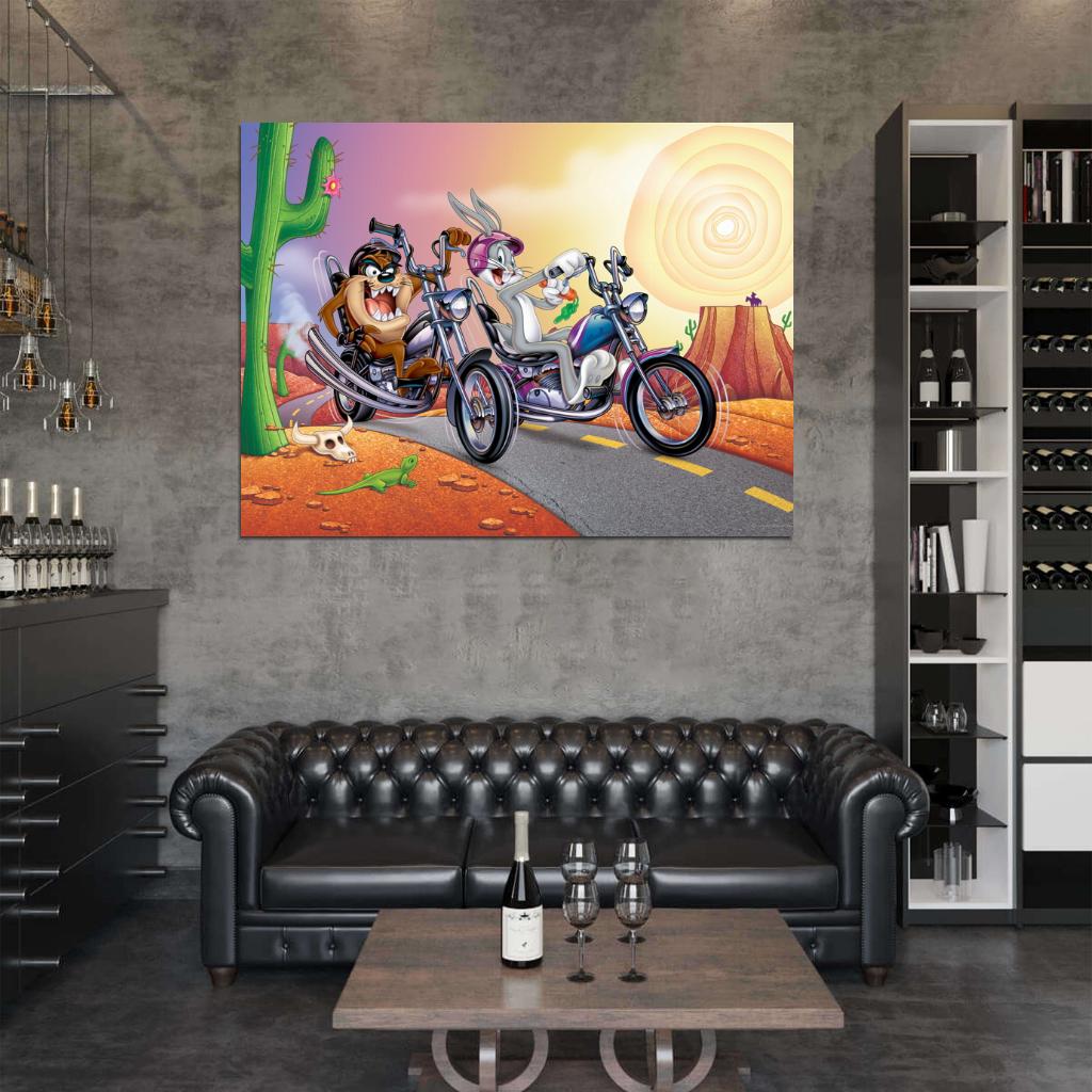 Tasmanian Devil Taz Bugs Bunny Looney Tunes Bikers Awesome Cool Funny Art Wall Art Print Poster