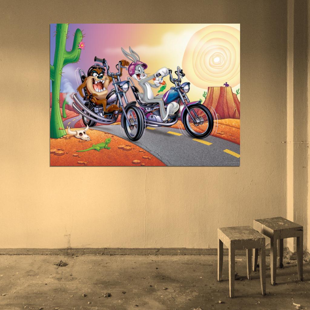 Tasmanian Devil Taz Bugs Bunny Looney Tunes Bikers Awesome Cool Funny Art Wall Art Print Poster