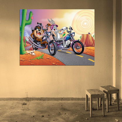 Tasmanian Devil Taz Bugs Bunny Looney Tunes Bikers Awesome Cool Funny Art Wall Art Print Poster