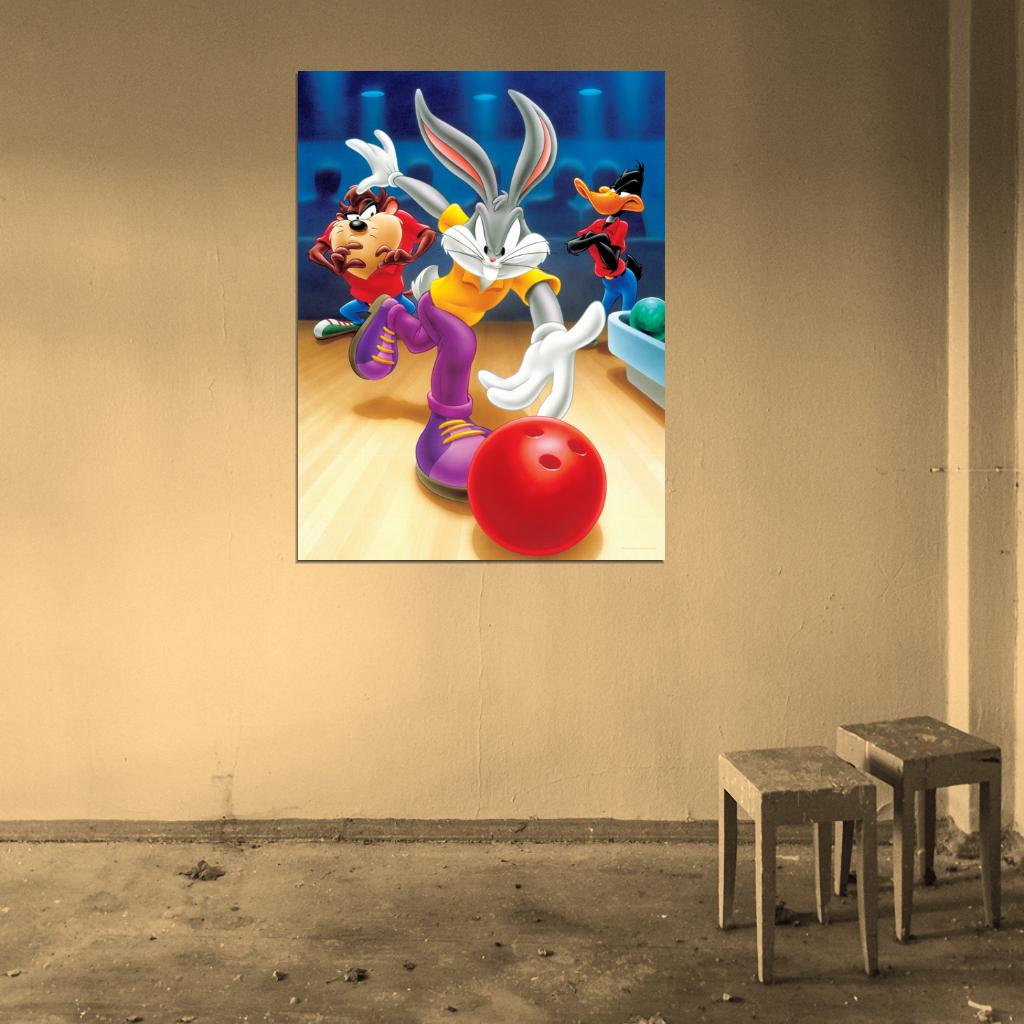 Tasmanian Devil Taz Bugs Bunny Daffy Duck Bowling Looney Tunes Cool Funny Art Wall Art Print Poster