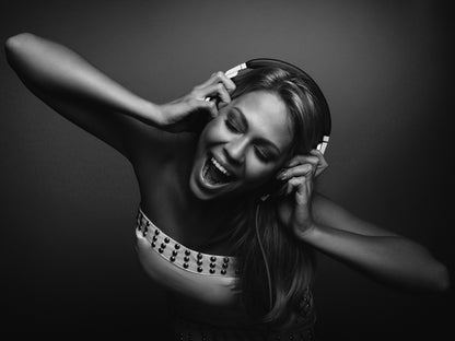 Beautiful Hot Singing Girl Headphones Music BW Wall Art Print Poster