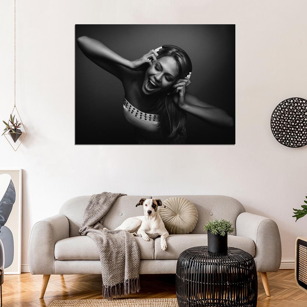 Beautiful Hot Singing Girl Headphones Music BW Wall Art Print Poster