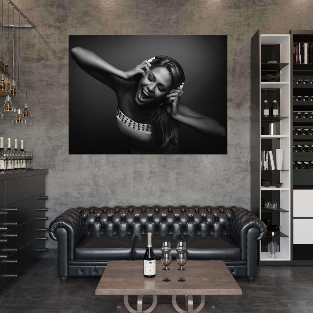 Beautiful Hot Singing Girl Headphones Music BW Wall Art Print Poster