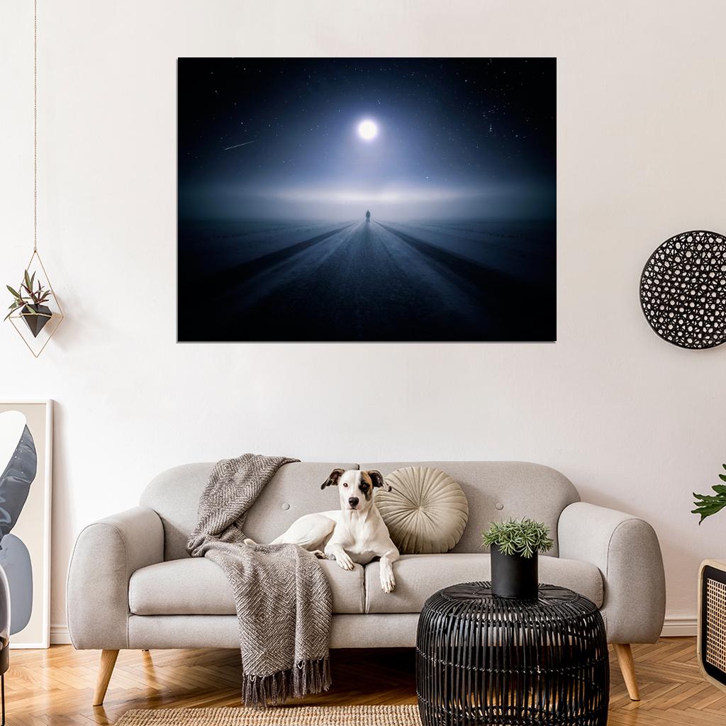 Lonely Road Night Stars Beautiful Moon Shooting Star Wall Art Print Poster