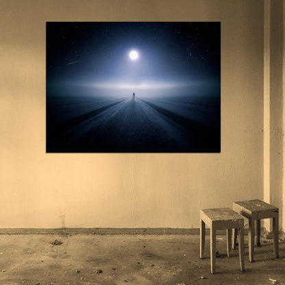 Lonely Road Night Stars Beautiful Moon Shooting Star Wall Art Print Poster