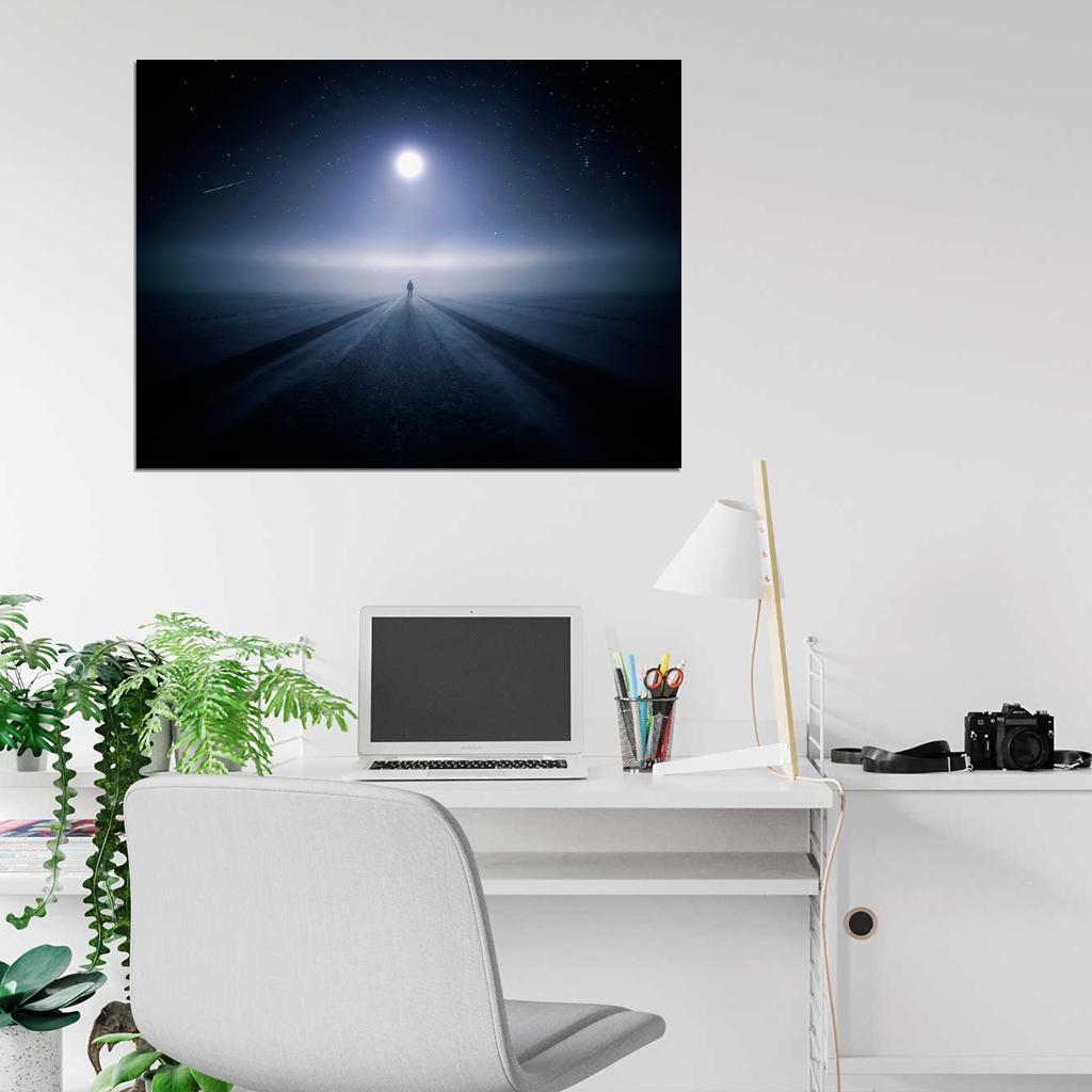 Lonely Road Night Stars Beautiful Moon Shooting Star Wall Art Print Poster