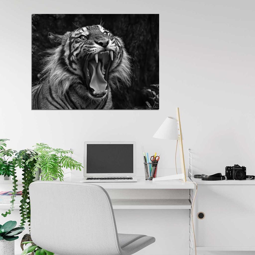 Tiger Roar Wild Cat Nature Beautiful Awesome BW Wall Art Print Poster