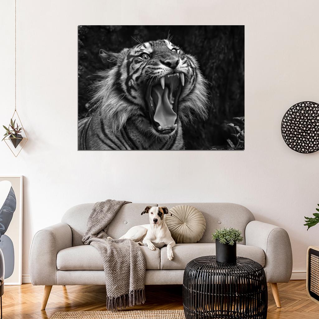 Tiger Roar Wild Cat Nature Beautiful Awesome BW Wall Art Print Poster