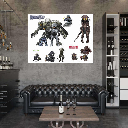 Robocop Alien Predator ED-209 Cain Original Sci-Fi Movie Funny Cool Art Wall Art Print Poster