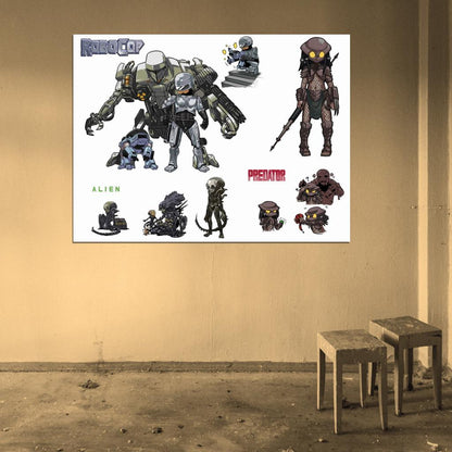 Robocop Alien Predator ED-209 Cain Original Sci-Fi Movie Funny Cool Art Wall Art Print Poster