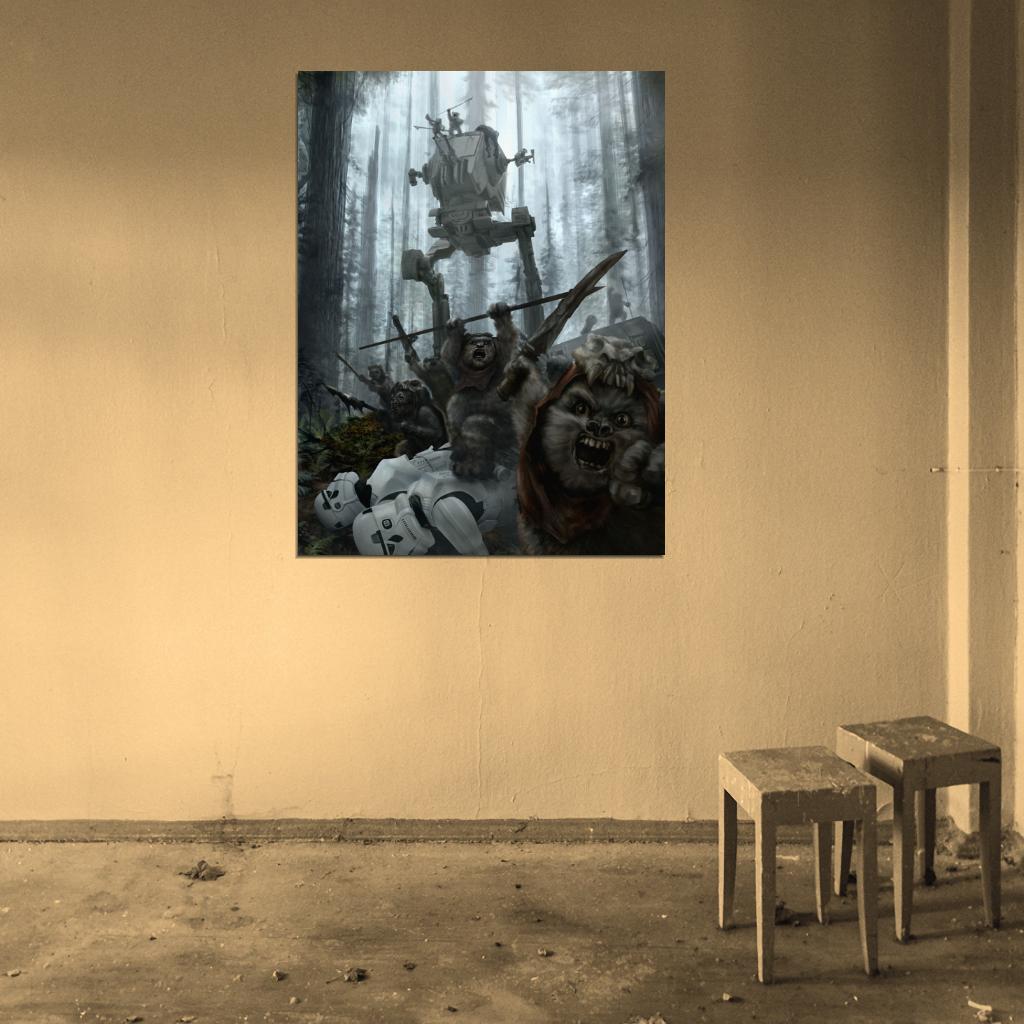 Battle of Endor AT-ST Walker Stormtroopers Ewoks Star Wars Movie Awesome Painting Art Wall Art Print Poster